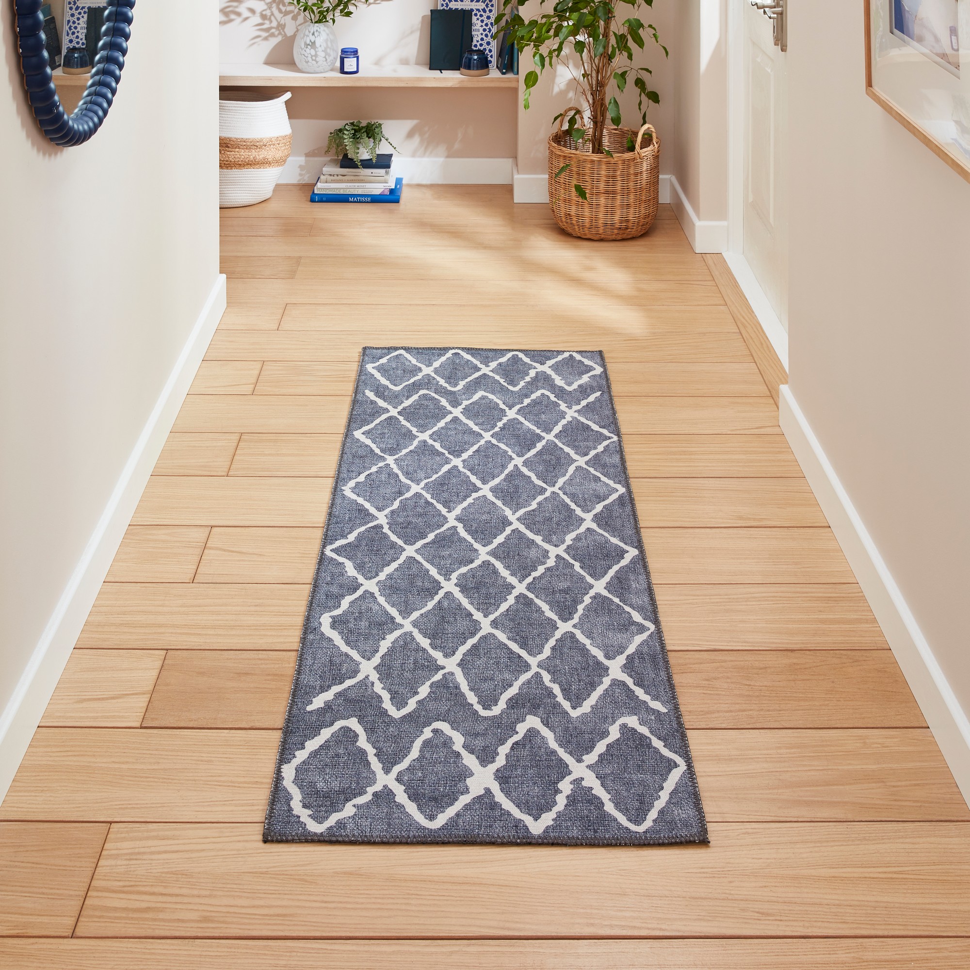 Coral H1060 Modern Washable Geometric Runner Rugs In Blue